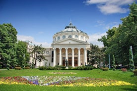 Antique building view in Old Town Bucharest city - capital of Romania and Dambrovita river. Bucharest, Romania, Europe.