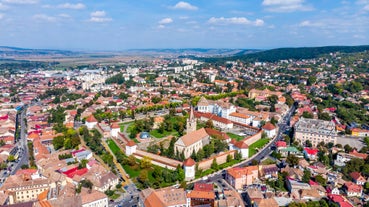 Photo of aerial view of the Citadel of Fagaras, in Brasov county, Romania. 