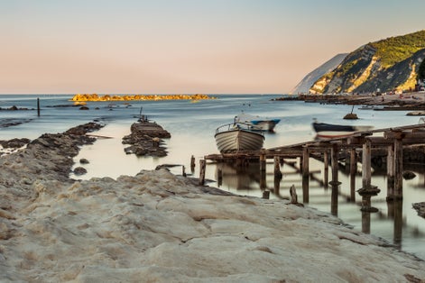 Passetto beach with fishermans' boats and pope chair rock - Ancona - Italy