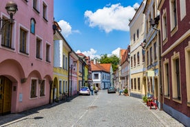 Photo of aerial view on Mikulov town in Czech Republic with Castle and bell tower of Saint Wenceslas Church.