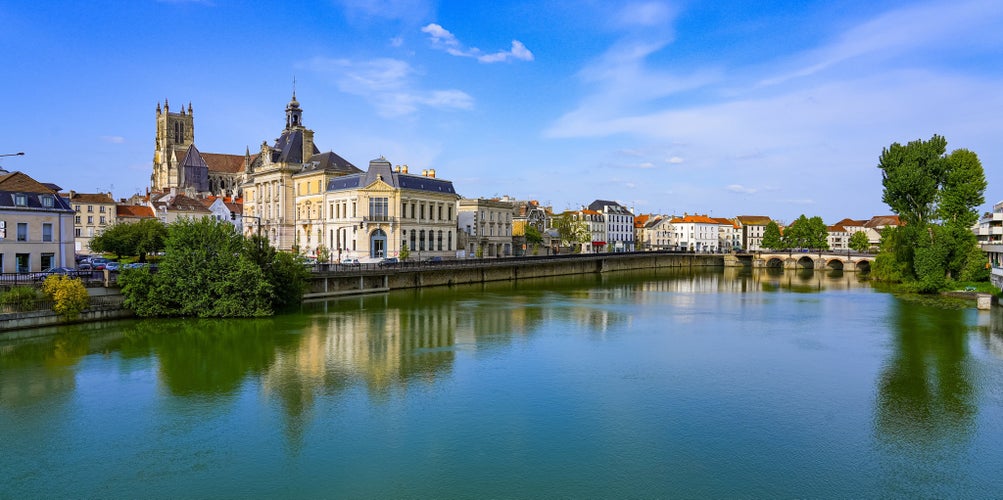 photo of view of Reflection of Saint Stephen's cathedral overlooking the City Hall of Meaux, France.