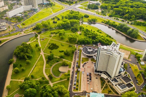 Photo of top view of the Victory Park in Minsk and the Svisloch river and the hotel, Belarus.