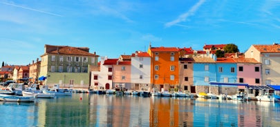 Photo of aerial view to the town of Porec in Istria, Croatia on Adriatic coast.