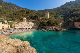 Photo of panoramic aerial view of town Rapallo in Liguria, Italy.