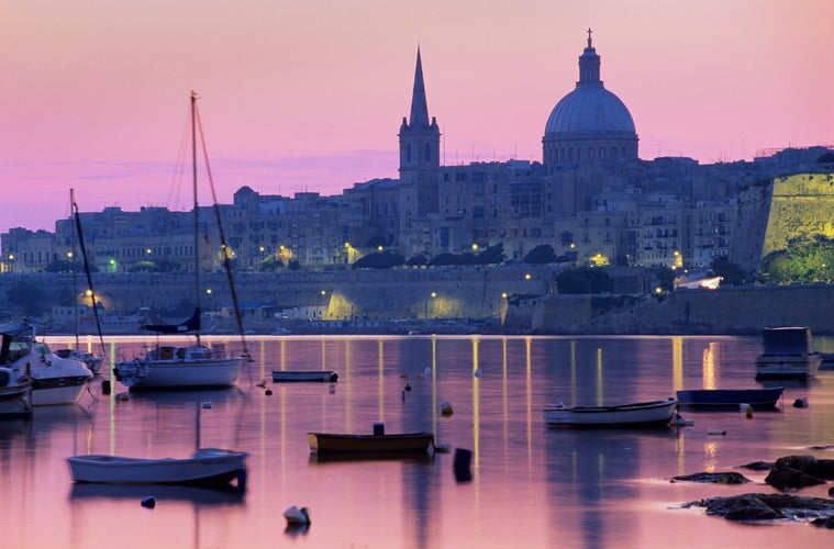 Photo of Sunrise over Msida Creek to Valletta with Dome of Carmelite Church, Valletta, Malta, Mediterranean, Europe.