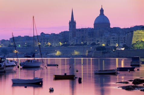 Photo of Sunrise over Msida Creek to Valletta with Dome of Carmelite Church, Valletta, Malta, Mediterranean, Europe.