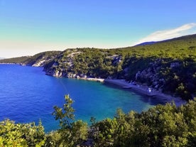 Photo of aerial view of Historic Adriatic town of Krk aerial view, Island of Krk, Kvarner bay of Croatia.