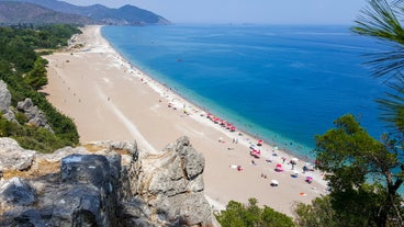 Photo of aerial view of the town of Kemer and sea from a mountain, Turkey.