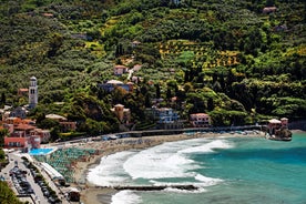 Photo of aerial view of Levanto or Levante, a beautiful fishing village in Liguria, Italy.