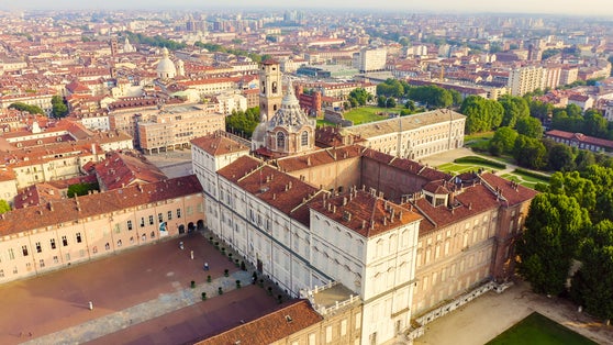 photo of Turin, Italy. Royal Palace in Turin. Flight over the city. Historical center, top view, Aerial View .
