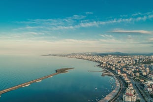 Photo of city and beach view taken by drone from Atakum district of Kurupelit Yat Limanı Samsun.