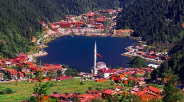 Photo of aerial view to the Uzungol lake famous tourist destination in summer in city of Trabzon ,Turkey.