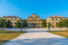 Photo of panorama of Parma cathedral with Baptistery leaning tower on the central square in Parma town in Italy.