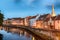 Photo of historic town houses at night on Quay Side in Norwich, Norfolk, United Kingdom.