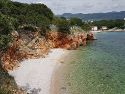 Photo of aerial view of Historic Adriatic town of Krk aerial view, Island of Krk, Kvarner bay of Croatia.