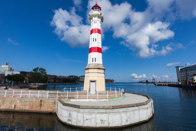 White lighthouse in Malmo. Malmo, Scania, Sweden.