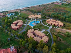 Photo of aerial view of Palaiokastritsa beach on Corfu islands, Greece.