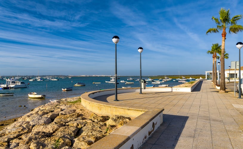 View of promenade of Sancti Petri sporting and fishing harbor in Chiclana de la Frontera, Spain.