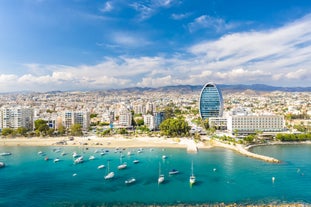 Photo of panoramic aerial view of Kalamis beach and bay in the city of Protaras, Cyprus.