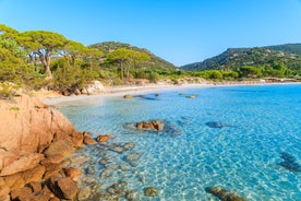 Photo of amazing landscape with wooden pier on Santa Giulia beach, Porto-Vecchio ,France.