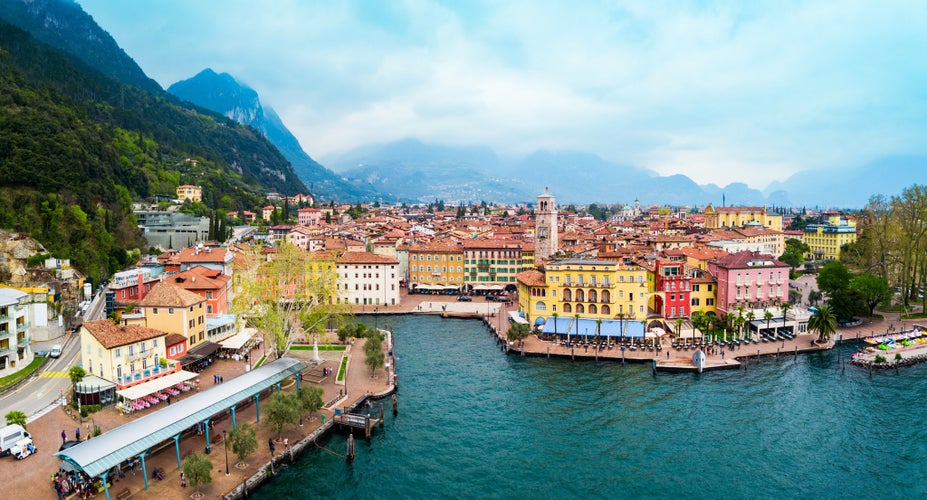 Riva del Garda aerial panoramic view. Riva is a town at the northern tip of the Lake Garda in the Trentino Alto Adige region in Italy.