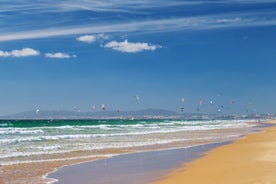 Photo of aerial view of Costa da Caparica coastline of glorious sandy beaches, powerful Atlantic waves, Portugal.