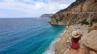 Photo of majestic panoramic aerial view of seaside resort city of Kas in Turkey.