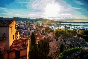 photo of harbor and town of Golfe-Juan Vallauris, commune of the Alpes-Maritimes department, which belongs in turn to the Provence-Alpes-Cote of Azur region of France.