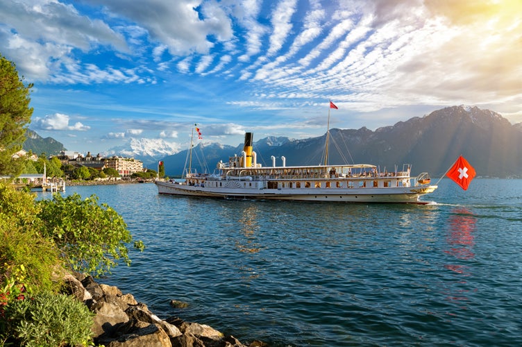 Summer evening landscape of Lake Geneva in Montreux, Switzerland