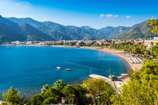 Photo of Marmaris marina with yachts aerial panoramic view in Turkey.