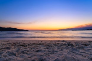 Photo of panoramic aerial view of Skala popular touristic destination in Lesvos island, Aegean sea, Greece.