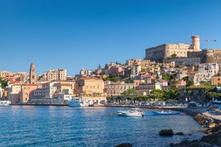 Photo of aerial view of beautiful coastal landscape with old town of Gaeta, Italy.