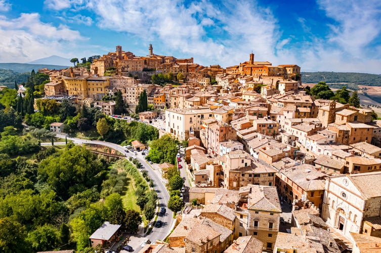 photo of view of  Aerial view of Montepulciano, a medieval and Renaissance hill town in the Italian province of Siena in southern Tuscany, Italy