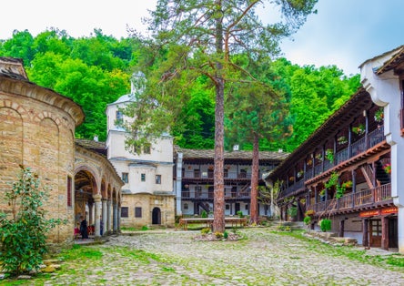 Photo of view of an inner courtyard of the famous Troyan Monastery in Bulgaria.