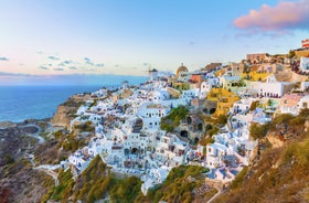 Photo of aerial view of Akrotiri Village in Santorini, Greece.