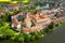 Photo of aerial view of Telc Castle and city reflected in lake, Czech Republic.