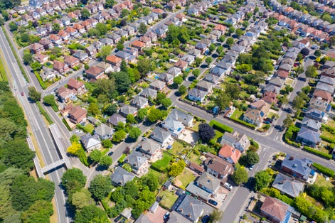 Photo of aerial drone photo of a typical British housing estate located in the town of Bournemouth.