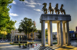 Panoramic view of Skopje town with Vodno hill in the background.