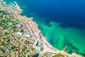 Aerial view with Sant Pere beach of Alcudia, Mallorca island, Spain.