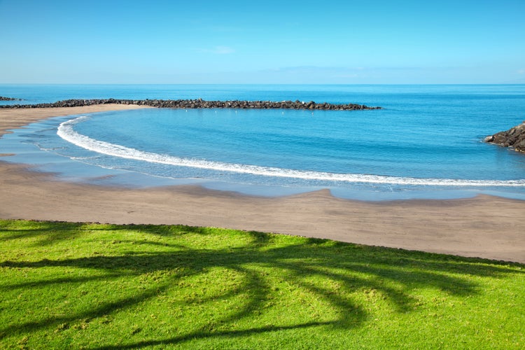 Photo of beautiful beach in popular tourist destination of Playa de las Americas, Tenerife, Spain.