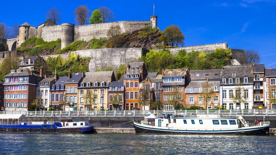 Panoramic view medieval citadel in Namur, Belgium from the river