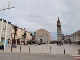 Photo of aerial view of town of Umag historic coastline architecture , archipelago of Istria region, Croatia.