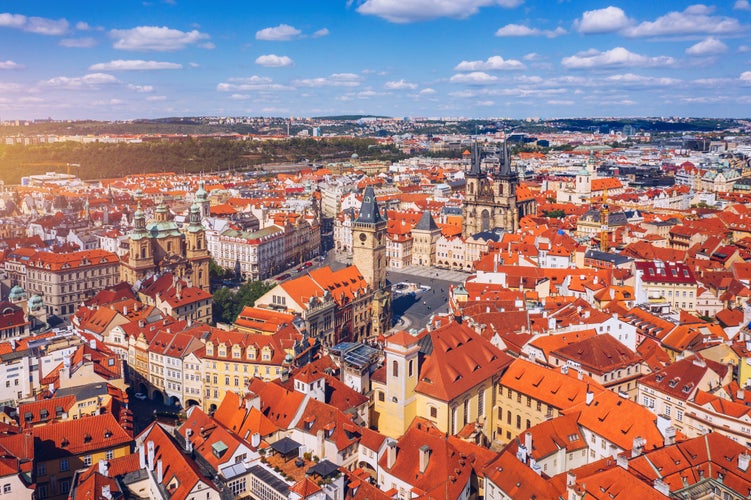 Photo of Prague beautiful panoramic sunny aerial drone view above Prague Old Town, Czech Republic.