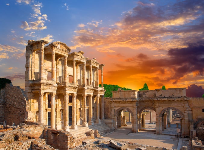 Photo of Celsus Library in Ephesus at sunset - Selcuk, Turkey.