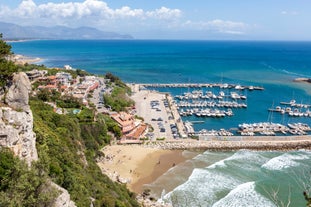 Photo of aerial view of beautiful coastal landscape with old town of Gaeta, Italy.