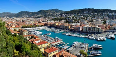 View of Mediterranean luxury resort and bay with yachts. Nice, Cote d'Azur, France. 