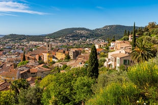 Photo of aerial view of the old town and St Paul church, Hyeres, France.