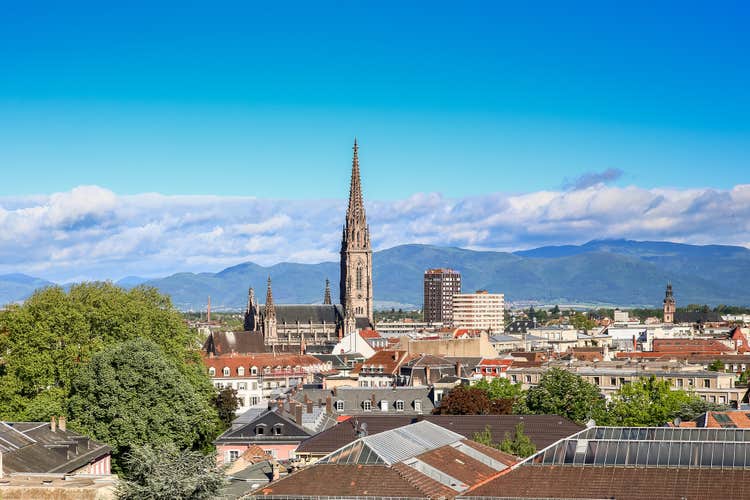 Photo of aerial view of city of Mulhouse, Alsace, France.