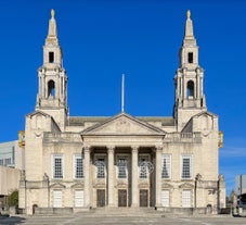 Photo of Nottingham Council House and a fountain front shot at Twilight, UK.