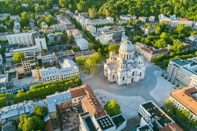 Photo of aerial view of Kaunas city center. Kaunas is the second-largest city in country and has historically been a leading centre of economic, Lithuania.